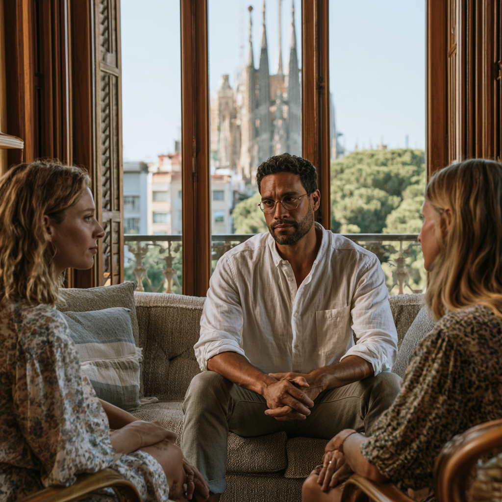 Couples therapist using direct loving confrontation with partners during a session in Barcelona.