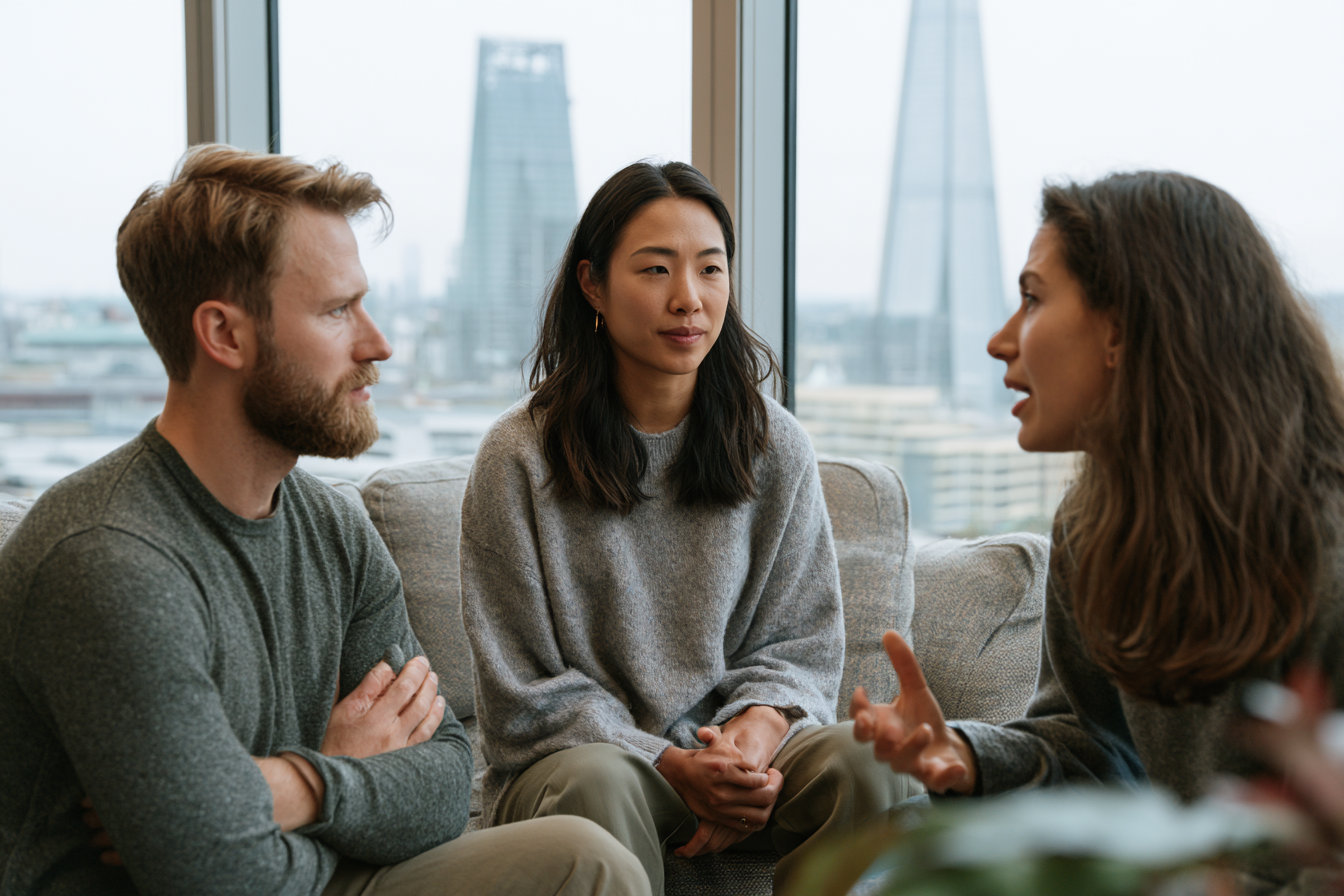 Two partners in a tense standoff during a session in a London office, one leaning in while the other withdraws.
