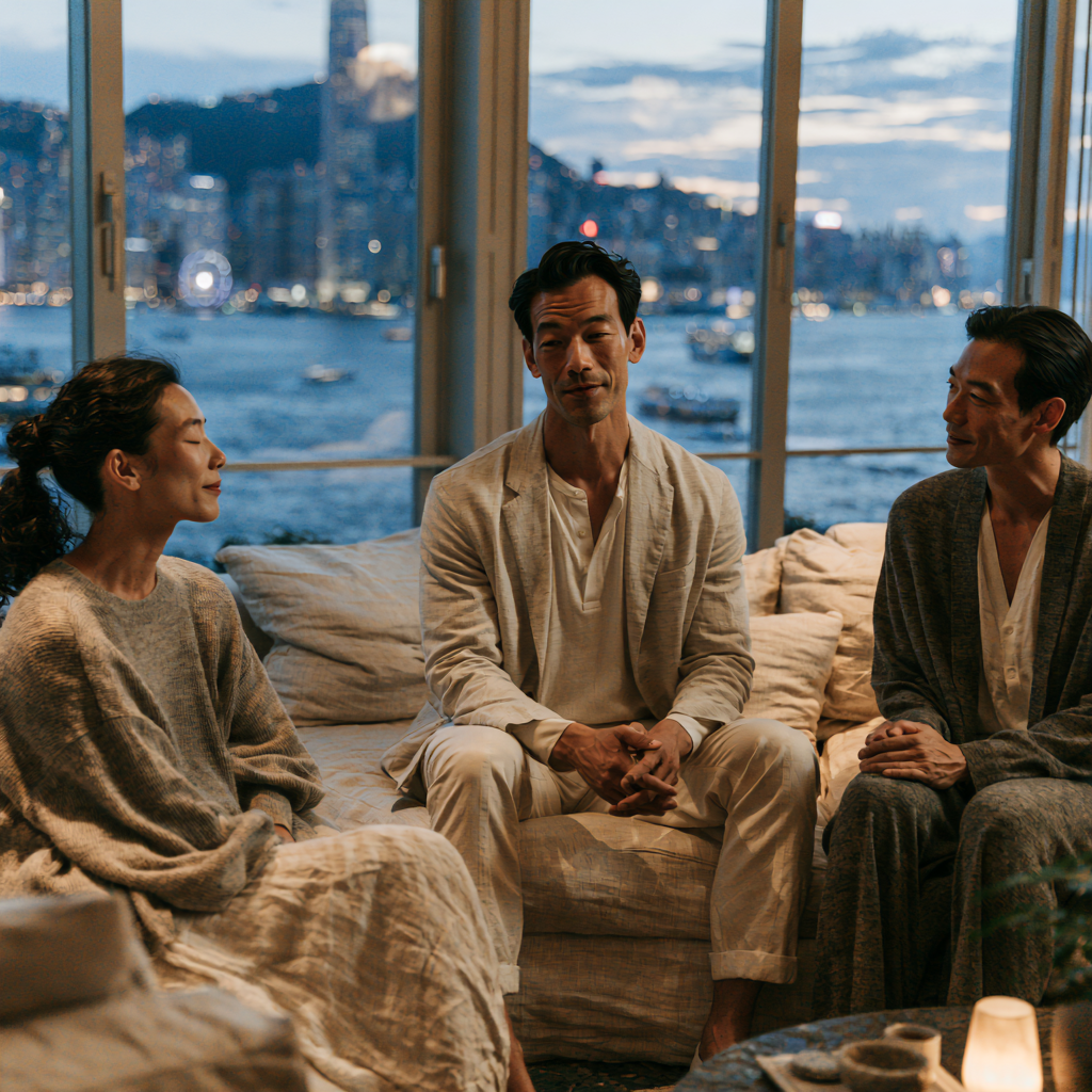 Schema therapist guiding a couple through conjoint imagery rescripting in a Hong Kong office.