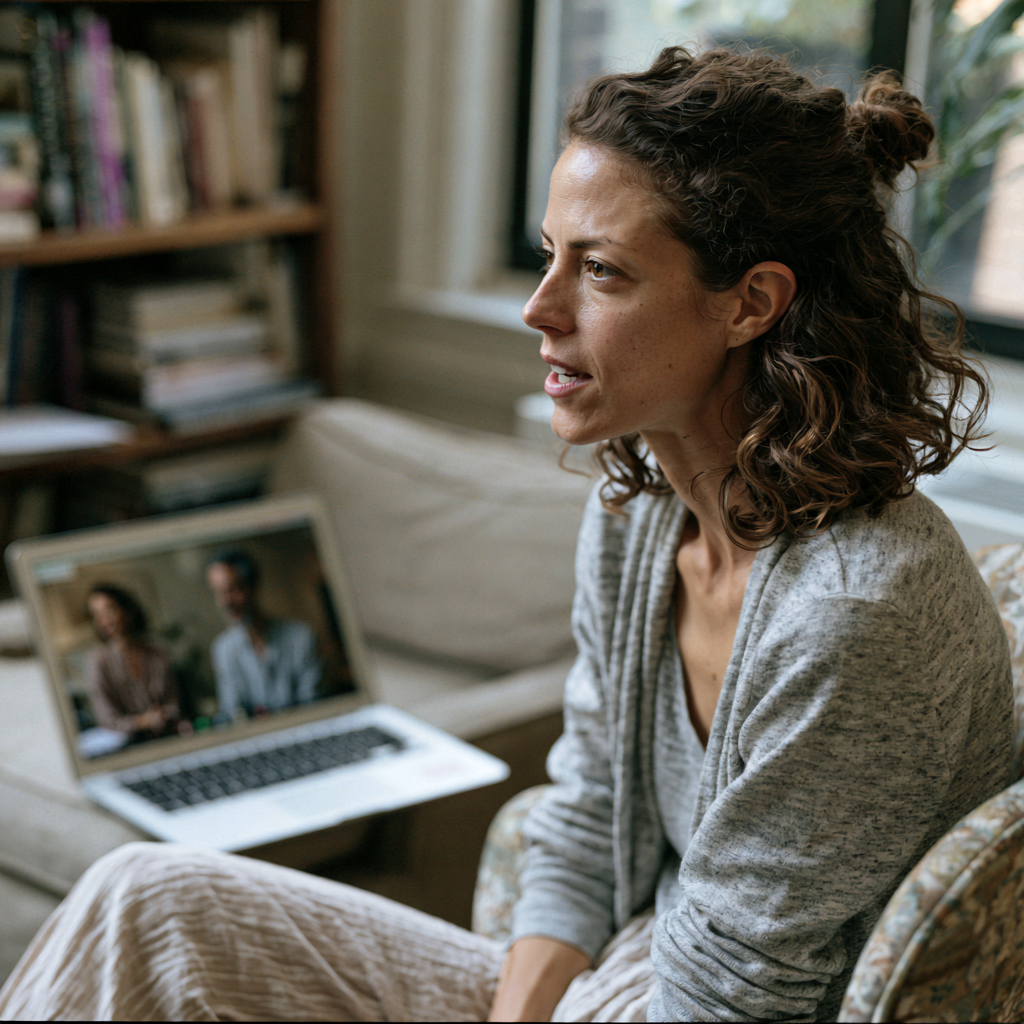 Licensed couples therapist practicing schema therapy chairwork during live online training.