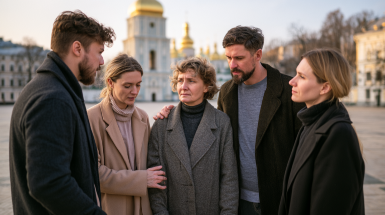 AI-generated illustration of five therapists standing together in Kyiv, with Saint Sophia's bell tower behind them.